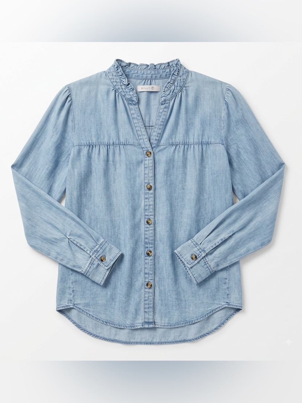 Billy T Light Wash Chambray Button Down Shirt Blue Ruffle Neck Lightweight Boho